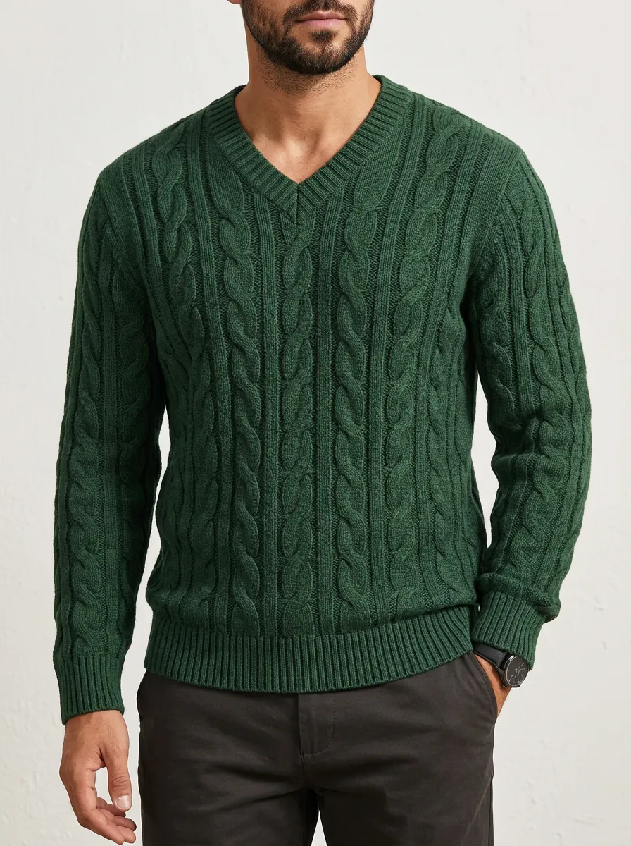 Men’s Ribbed Cable-Knit V-Neck Simple Sweater