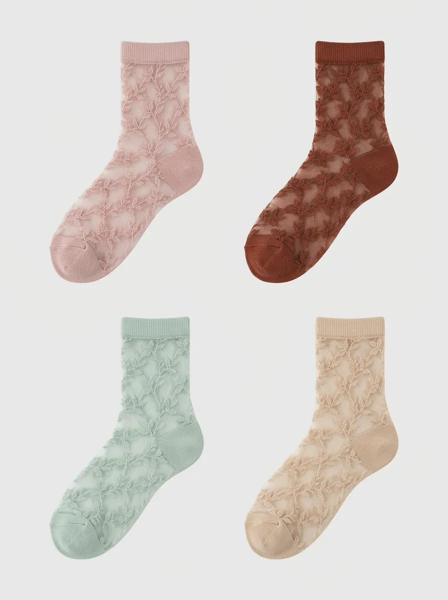 Women's Vintage Floral Sheer Mesh Printed Socks 4-Pack