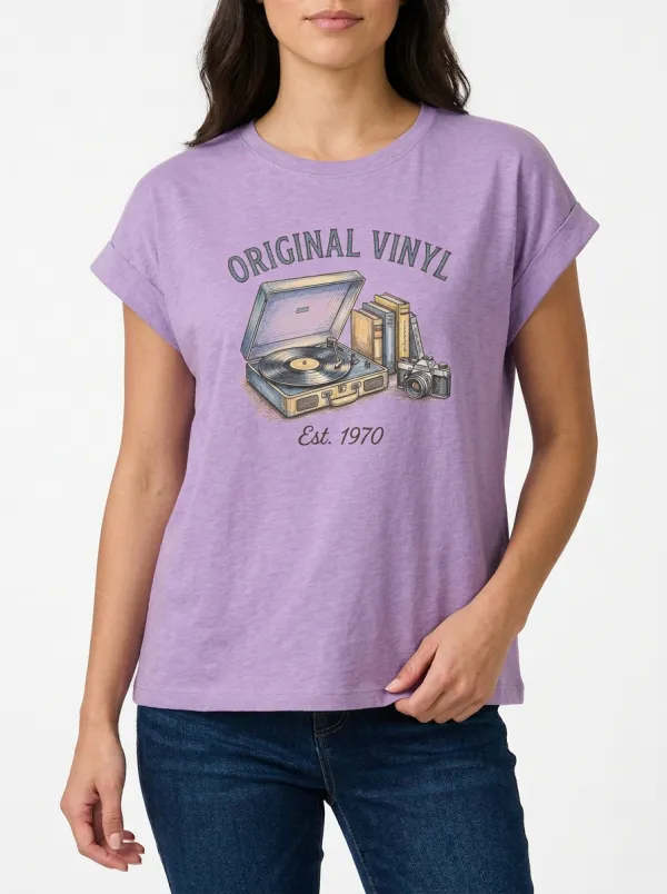 Women's Music Lover Original Vinyl Record Player Printed T-shirt