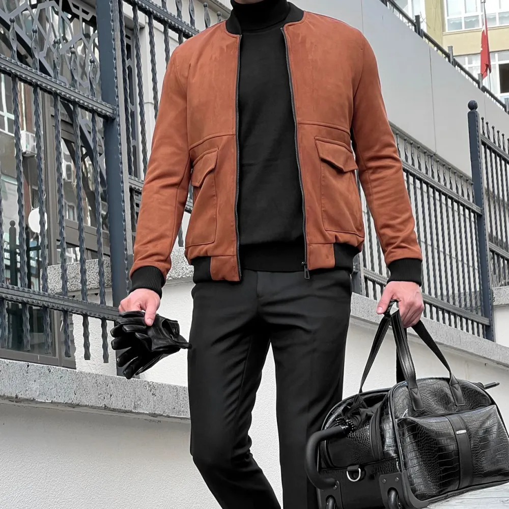 Slim Fit Zip Front Suede Tailored Coat