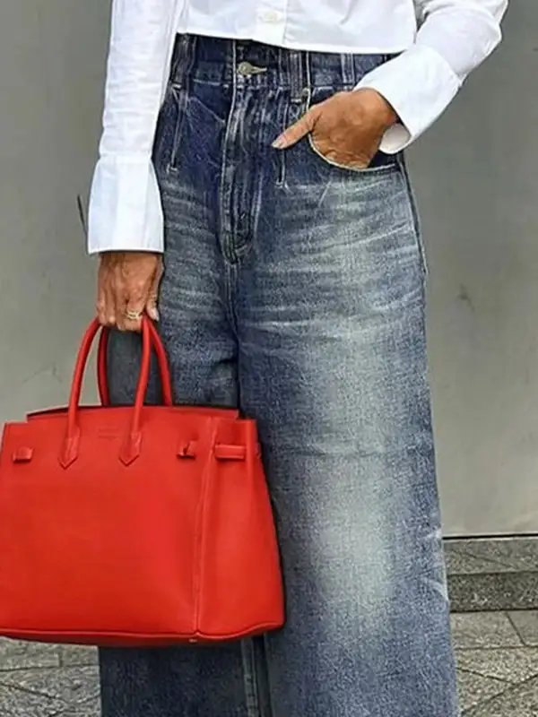 Fringe Detail Relaxed Fit Wide Leg Button Detail Pocket Jeans