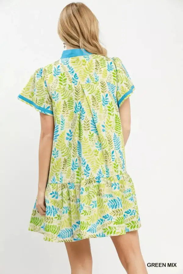 Leaf Print Flutter Sleeve Tiered Mini Dress
