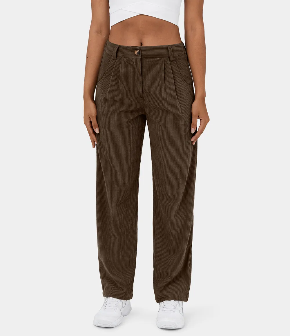 Mid Rise Button Zipper Side Pocket Corduroy Casual Pants