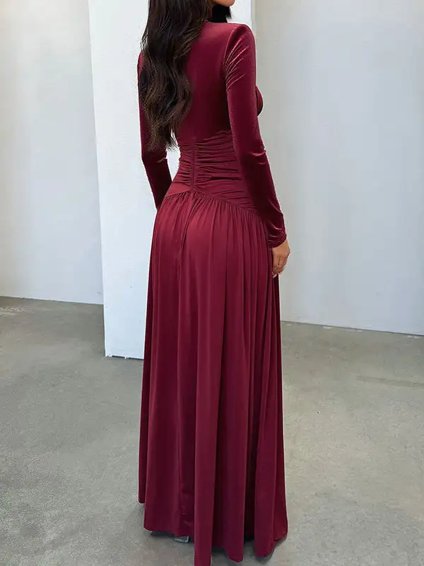 Side Pleated Neck Maxi Dress