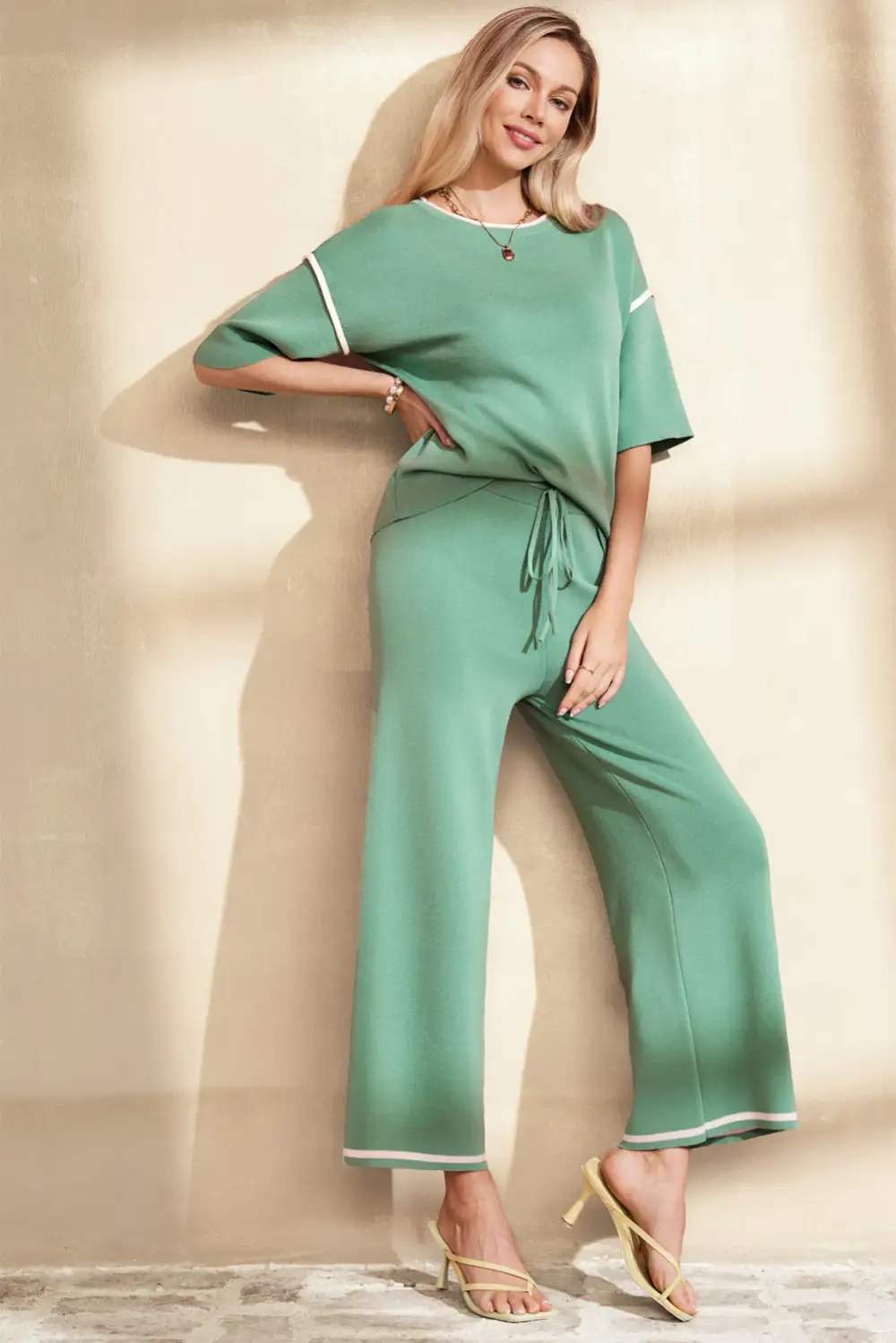 Sleeve Drawstring Soft Pants Lounge Set