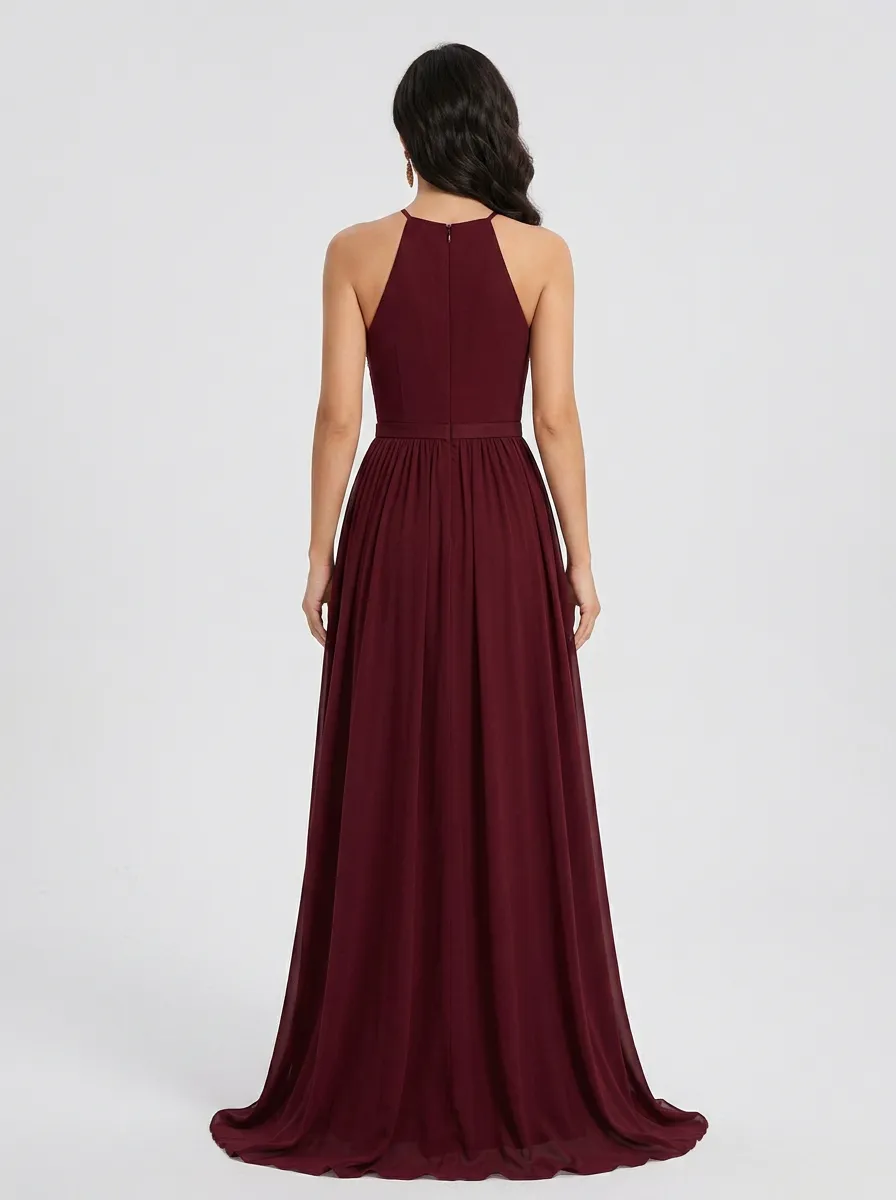 Women's Floral Embroidered Halter Split Chiffon Evening Gown
