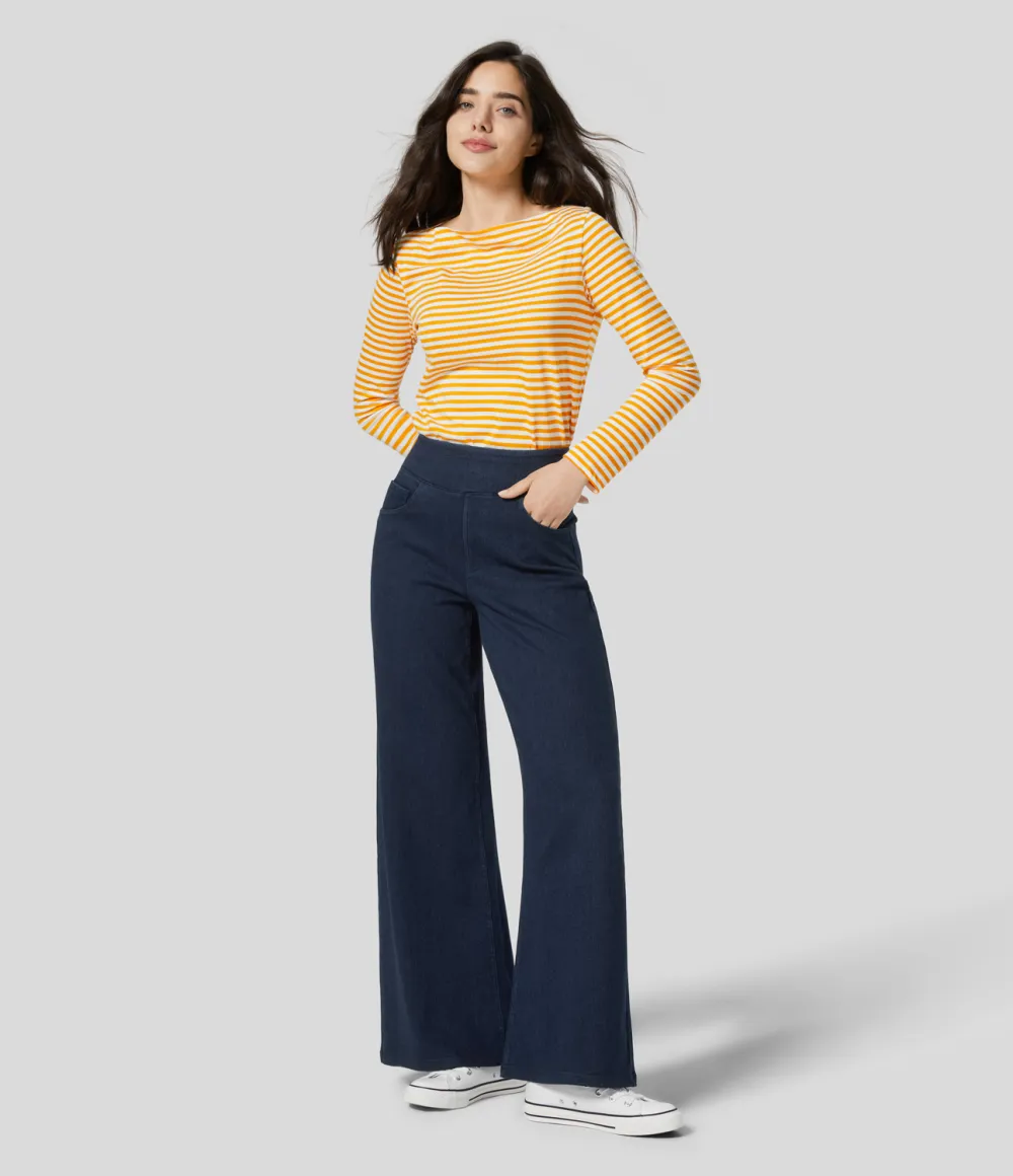 Magic High Waisted Multiple Pockets Wide Leg Stretchy Knit Casual Thermal Jeans