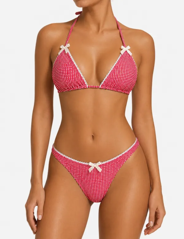 Gingham Bow Halter Triangle Piece Bikini Set