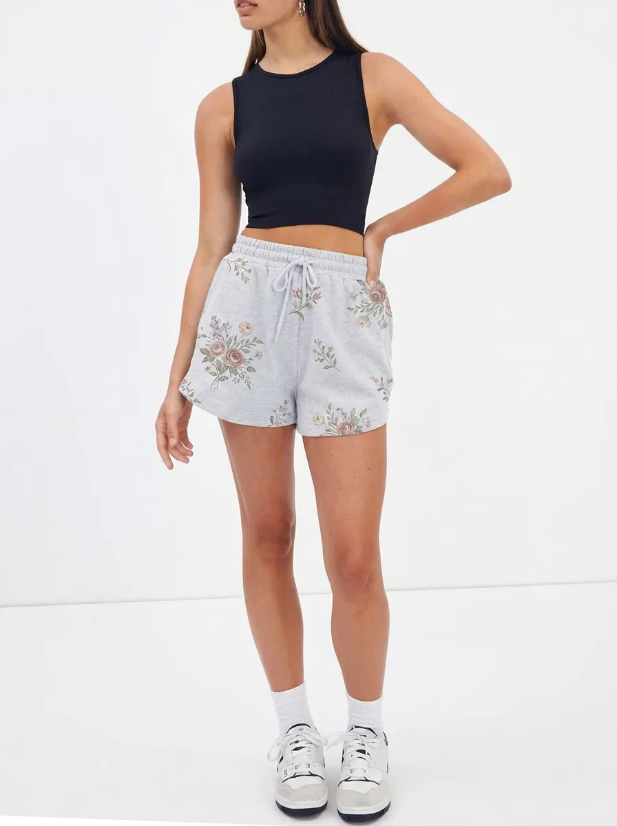 Women's Floral Botanical Aesthetic Grey Printed Sweat Shorts