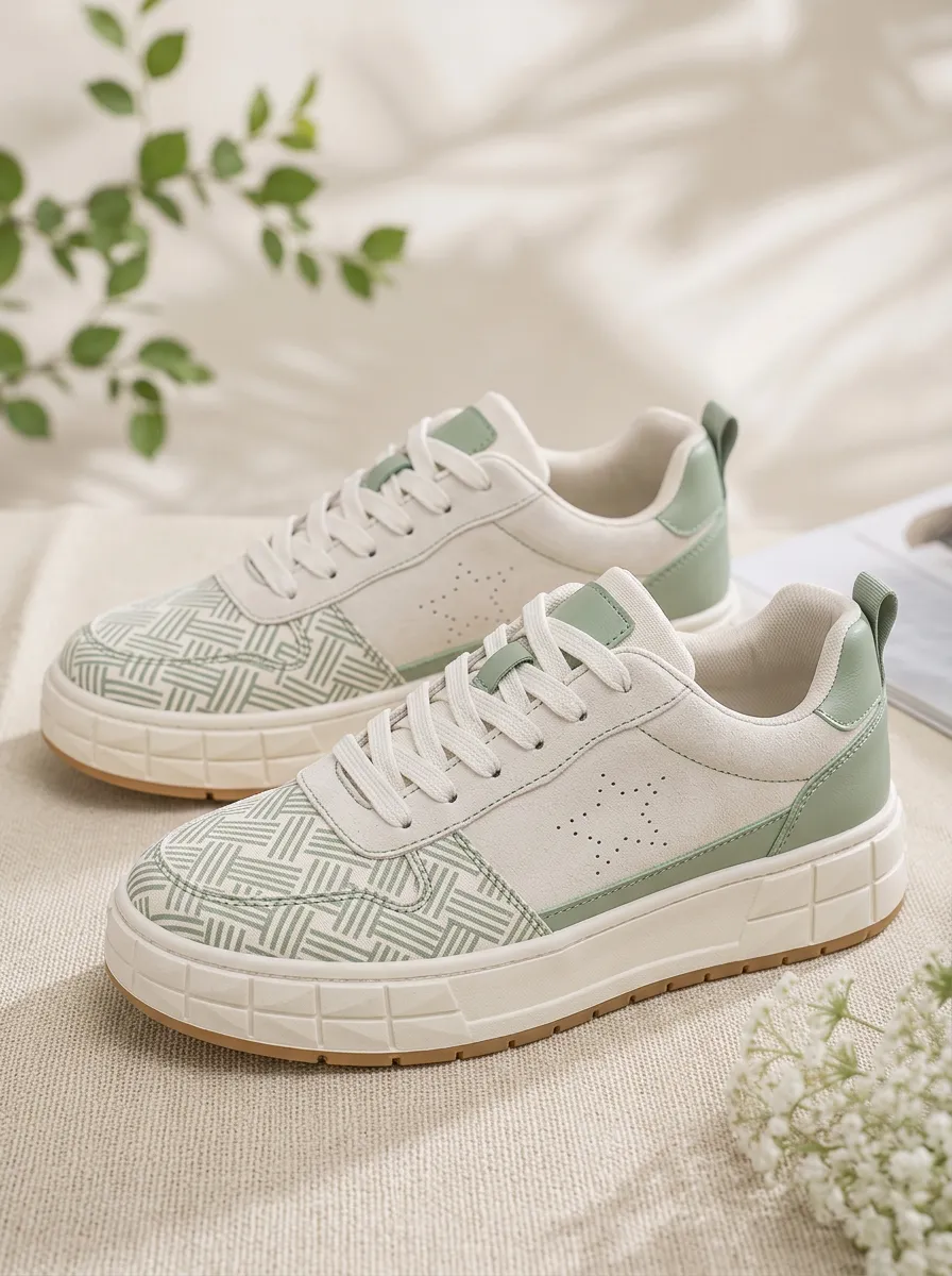 Men's Sage Green Geometric Star Pattern Printed Sneakers