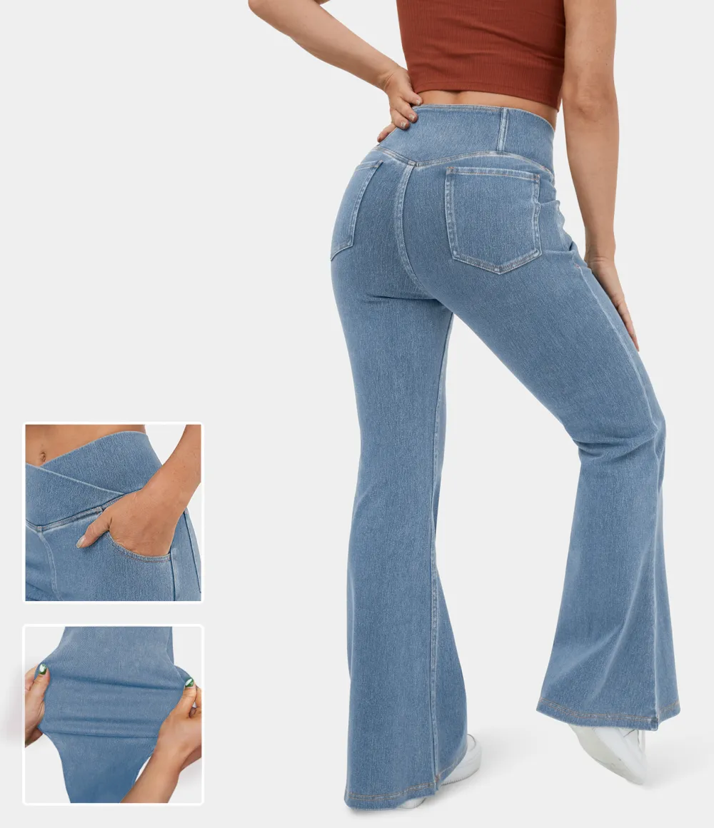 Magic High Waisted Crossover Pocket Washed Stretchy Knit Casual Super Flare Jeans