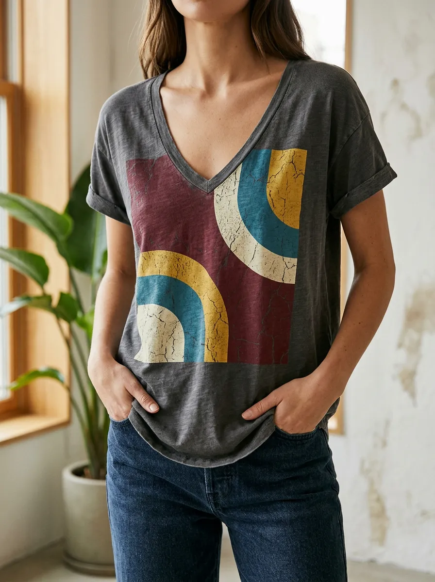 Women's Retro Retro Geometric Abstract V-Neck T-Shirt