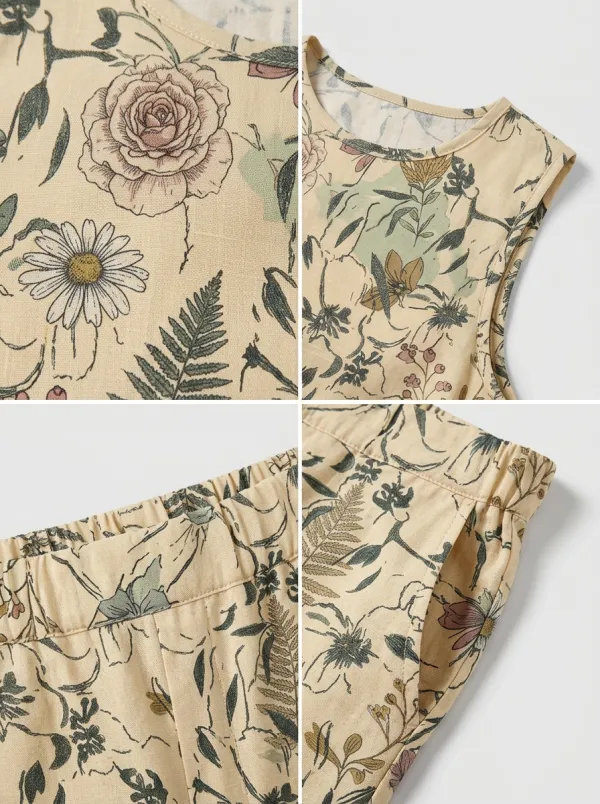 Women's Botanical Floral Fern Printed Sleeveless Short Set