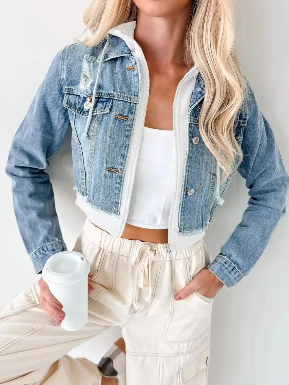 Distressed Zip Up Cropped Hooded Jacket