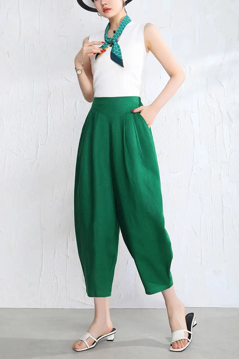 Contemporary Linen Wide Leg Elastic Waist Pocketed Trousers
