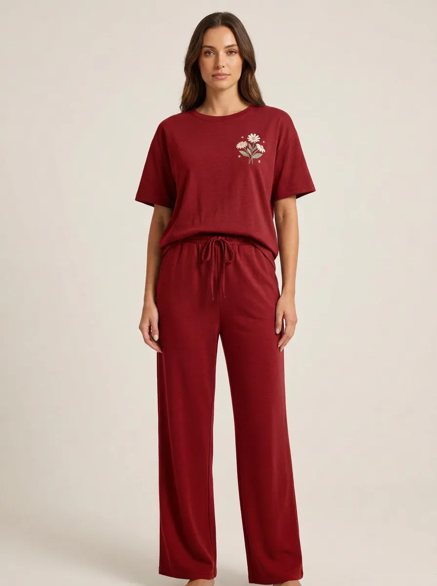 Women's Floral Graphic Drop-Shoulder T-Shirt And Drawstring Wide-Leg Trouser Lounge Set