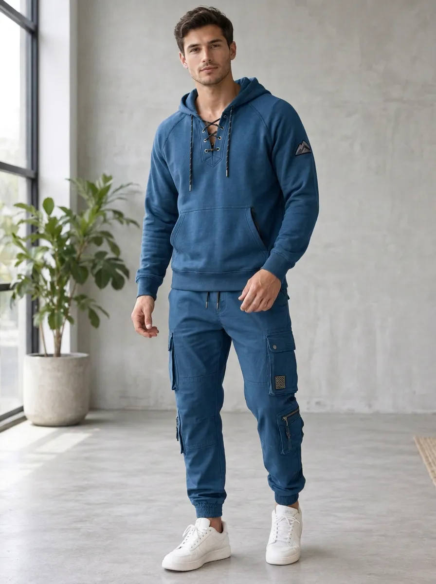 Functional Lace-Up Mountain Graphic Shape Men's Lace Up Hoodie And Cargo Jogger Set