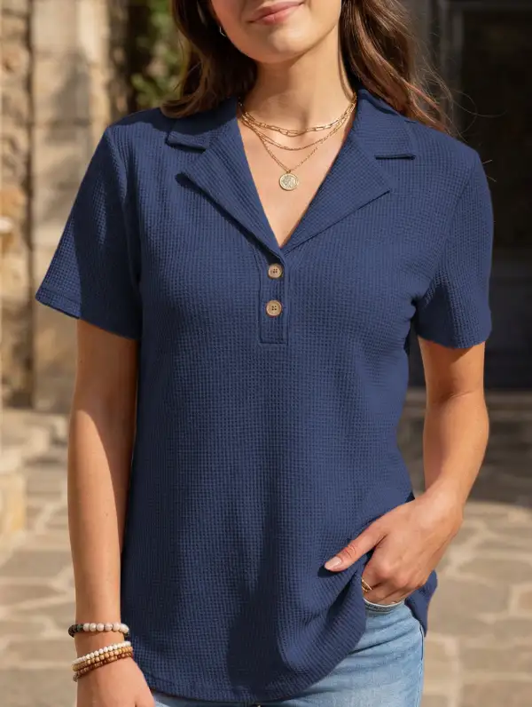 Lapel Waffle Knit Short Sleeve Top
