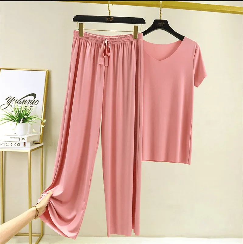 (💥48 % OFF)Soft Comfortable Ice Silk Short Sleeve T-Shirt Two Piece Set Loose Wide-leg Pants