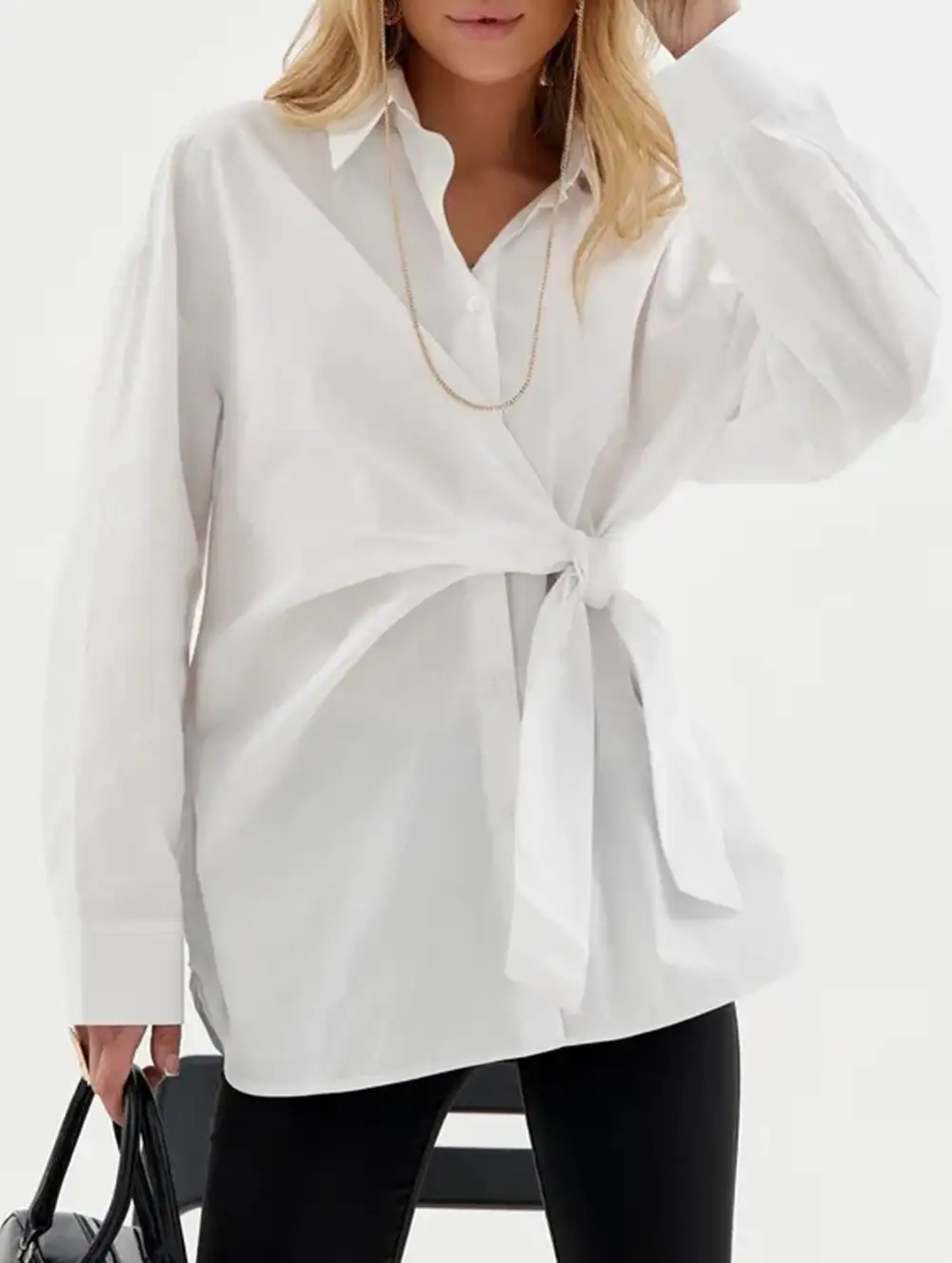 Lapel Button Tie Waist Slim Shirt