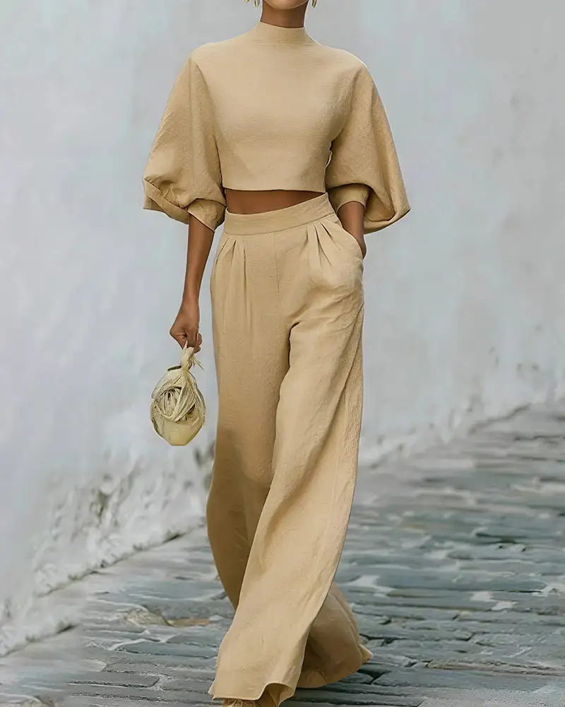 Textured Two-Piece Set Puff Sleeve Crop Top and Wide Leg Pants
