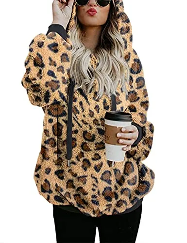 Women Casual Double Fuzzy Sweatshirt Faux Fleece Zip Pullover Hoodies Coat Outwear S-XXL