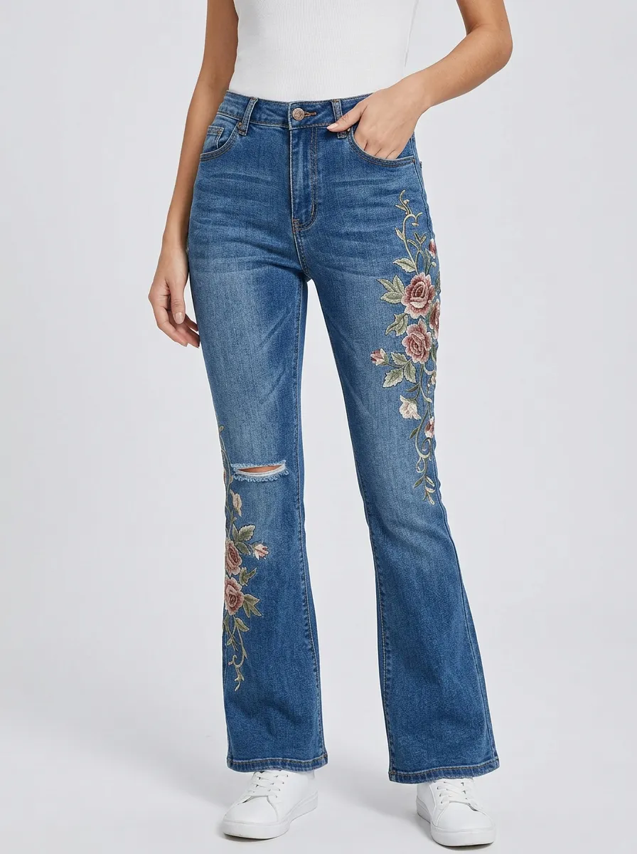 Women's Medium Wash Floral Embroidery Distressed Flare Jeans