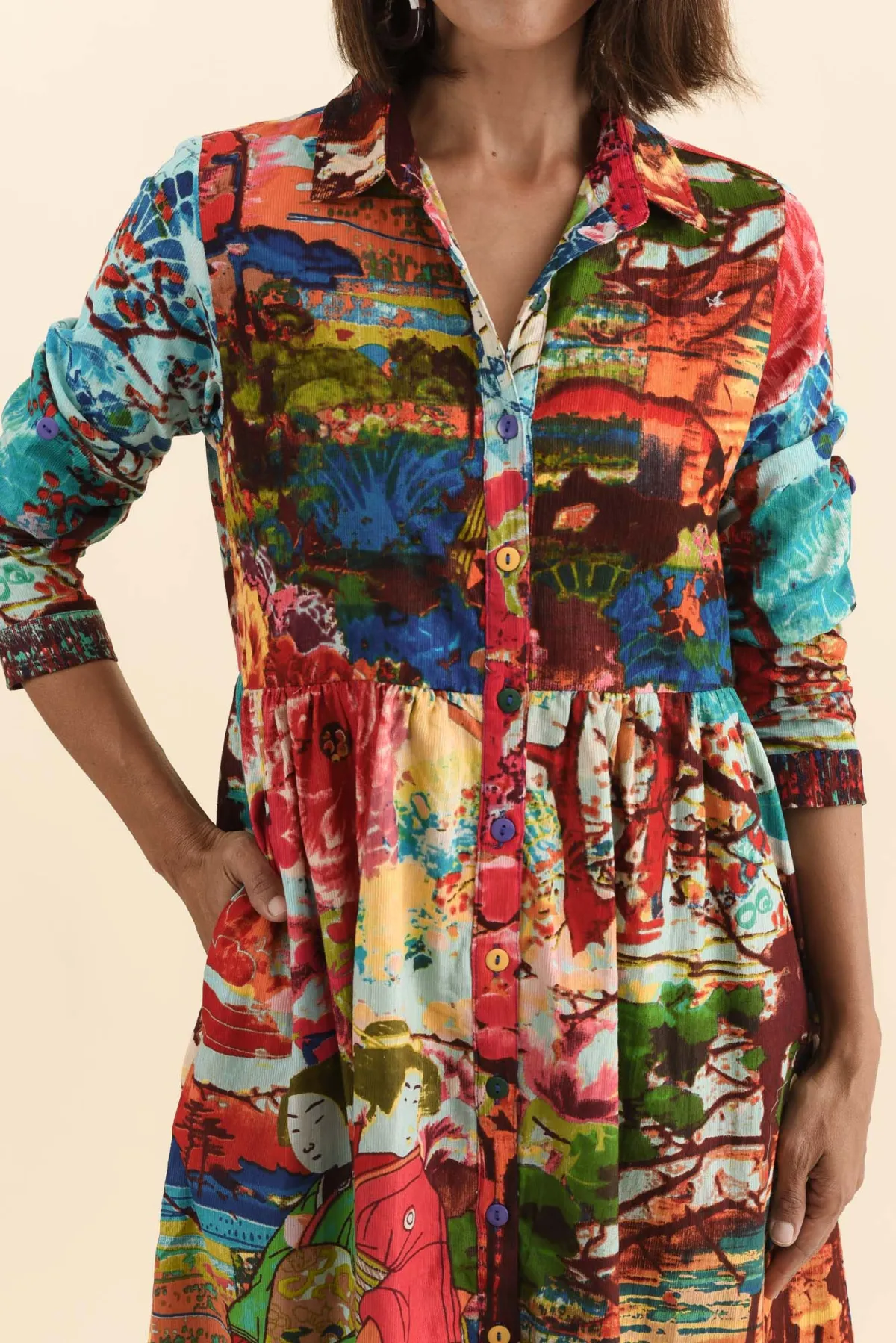 Below-Knee Graphic Cotton Gathered Pocket Collared Long-Sleeve T-Shirt Dress
