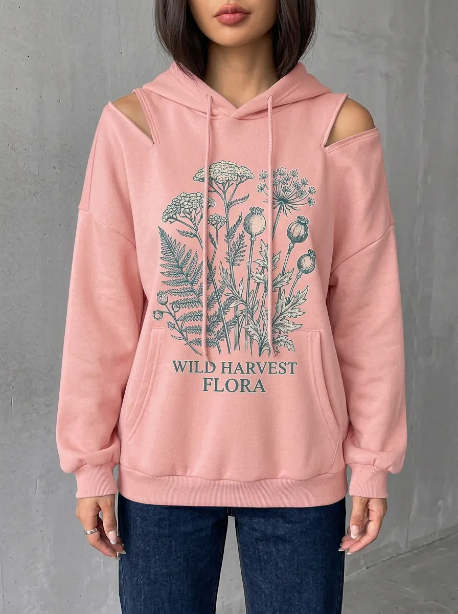 Women's Botanical Nature Wild Harvest Flora Graphic Cold-Shoulder Hoodie