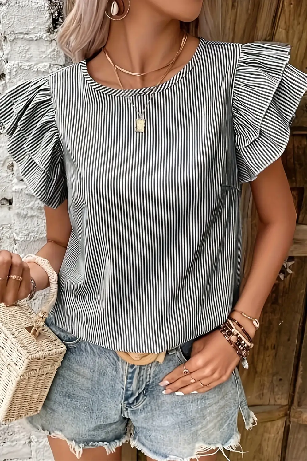 Simple Ruffle Sleeve Short Sleeve Blouse