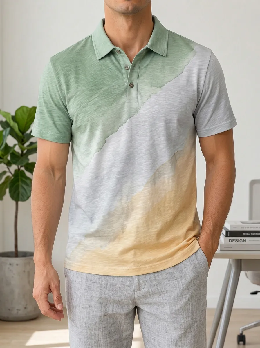 Men's Color Block Diagonal Stripe Printed Polo Shirt