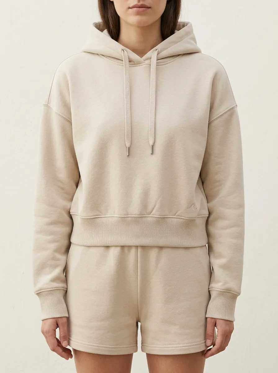 Women's Minimalist Beige Solid Color Embroidered Wave Hoodie