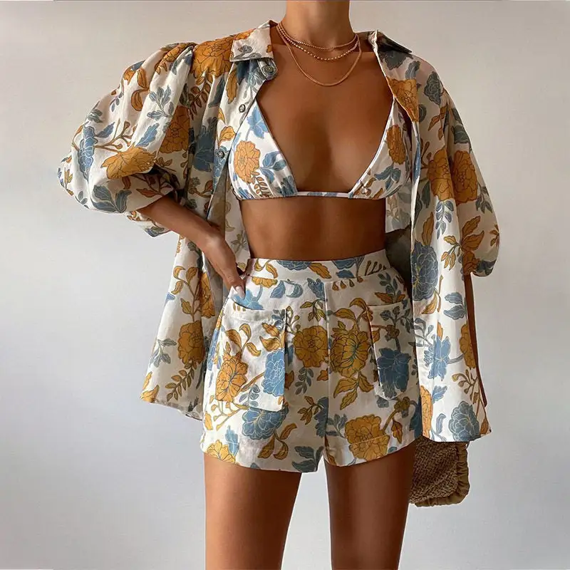 Printed Shirt Tank Top Shorts Three-Piece Set