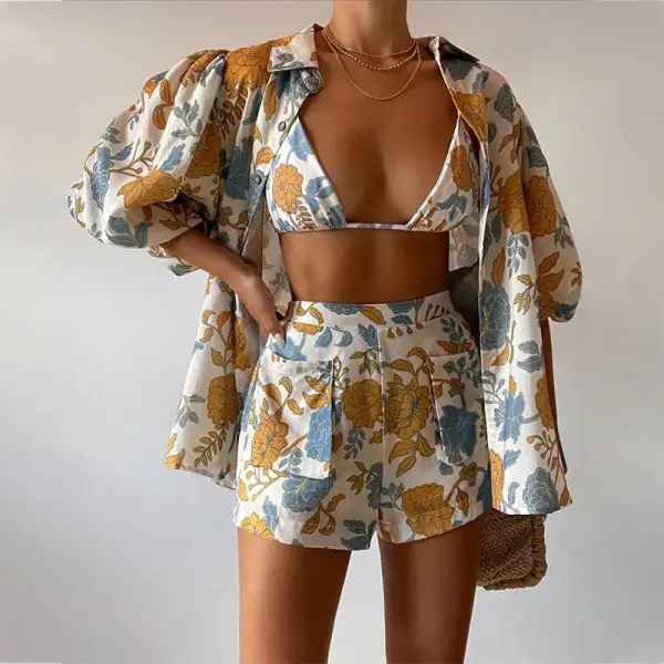 Printed Shirt Tank Top Shorts Three-Piece Set