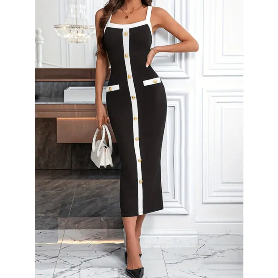 Decorative Button Contrast Trim Midi Dress