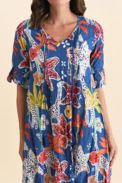 Graphic Cotton Pleated V-Neck Half-Sleeve A-Line Above-Knee Tunic Dress