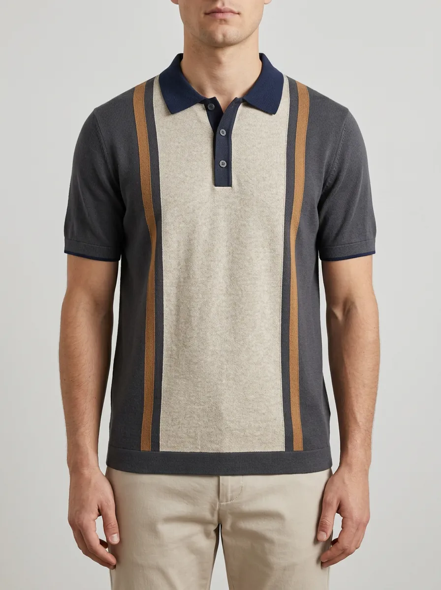 Men's Vintage Retro Vertical Striped Knitted Polo Shirt