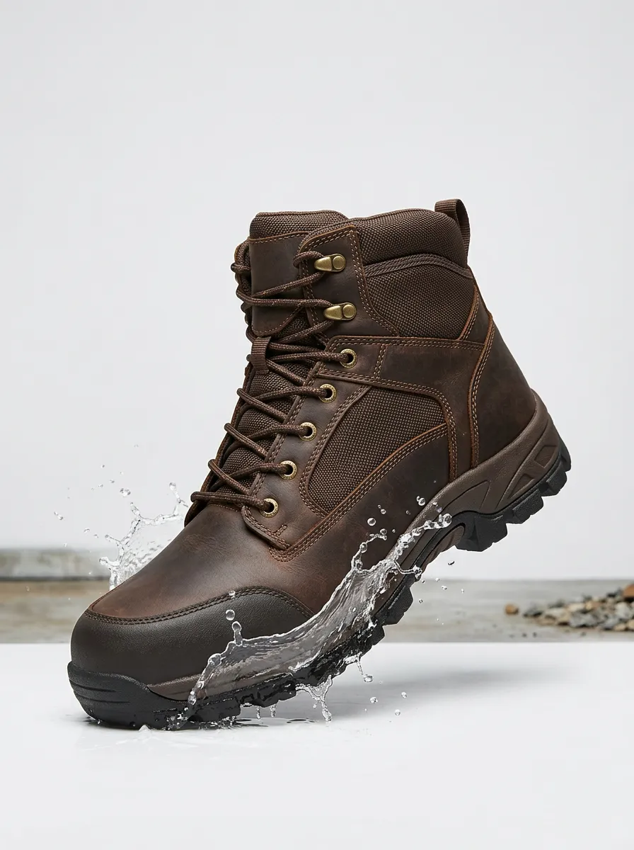 Unisex Brown Leather Waterproof Hiking Printed Work Boots