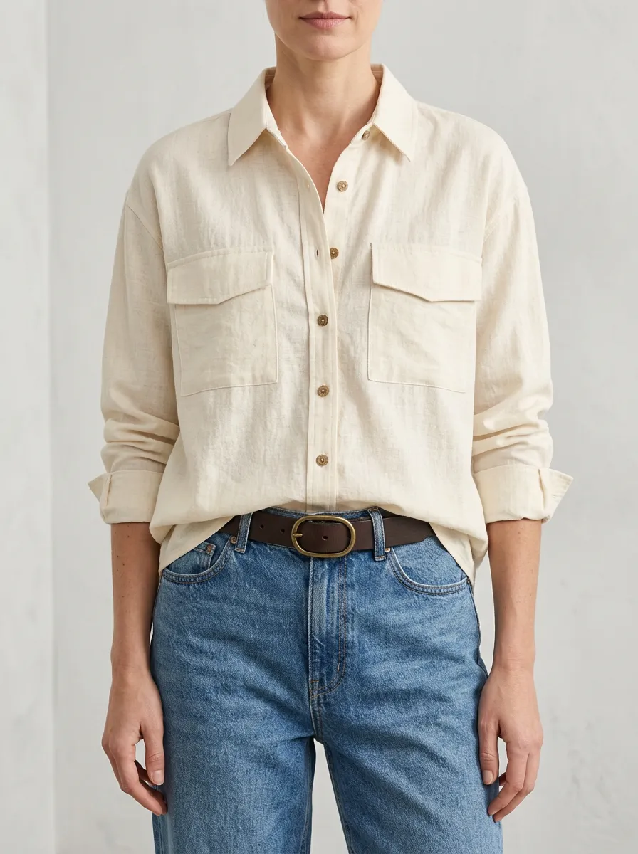 Women's Casual Minimalist Beige Button-Down Linen Pocket Shirt