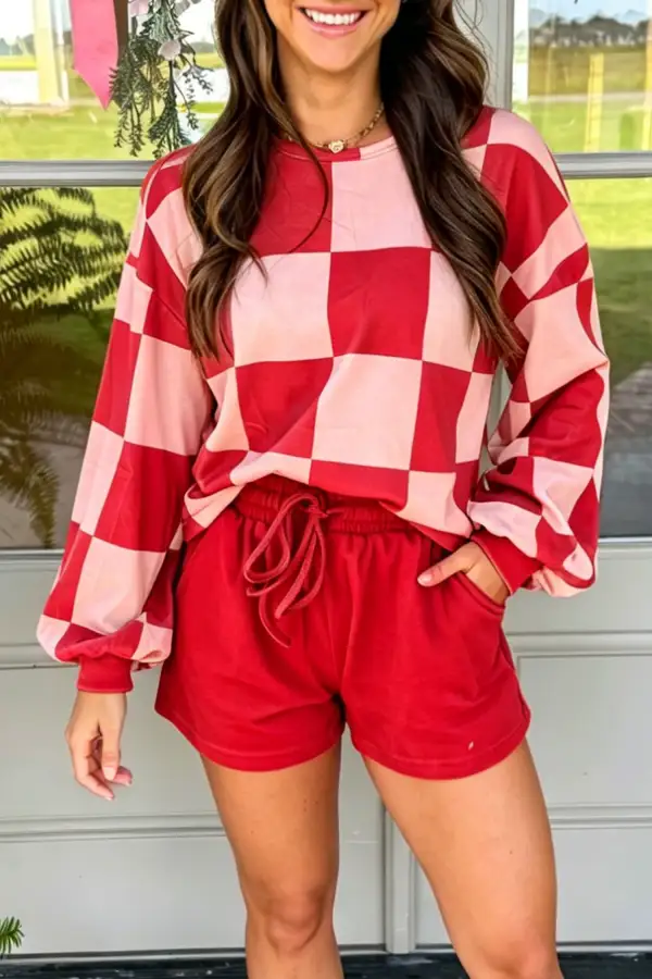 Women's Coordinated Checkerboard Plaid Long Sleeve Solid Color Shorts Two Piece Set