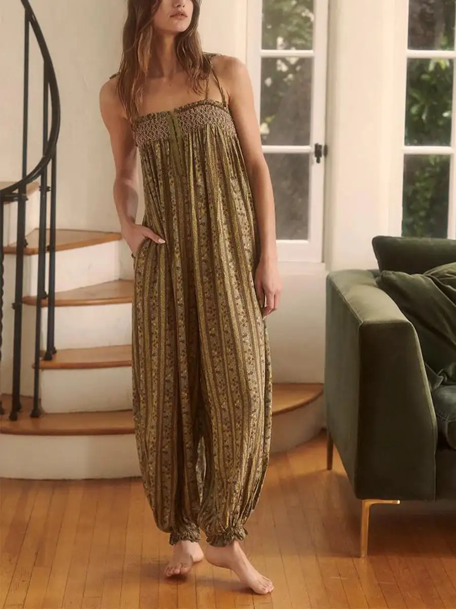 Boho Printed Smocked Harem Jumpsuit