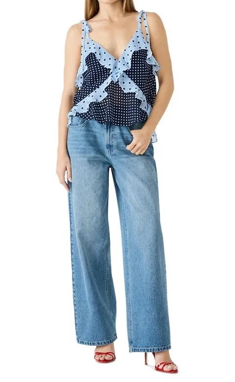 Blue Polka Dot Ruffle Chiffon Cami Top