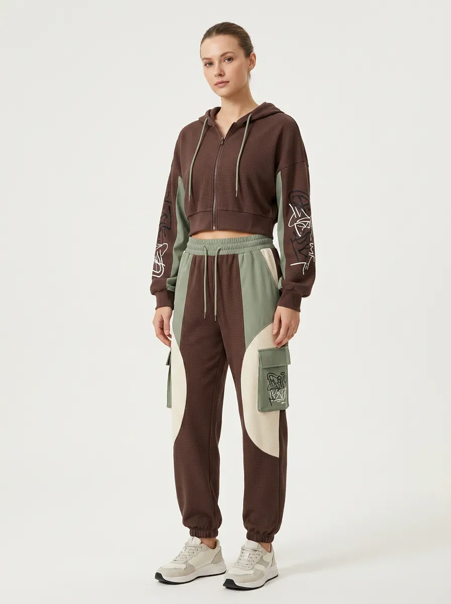Women's Streetwear Graffiti Printed Waffle Knit Zip-up Cargo Tracksuit