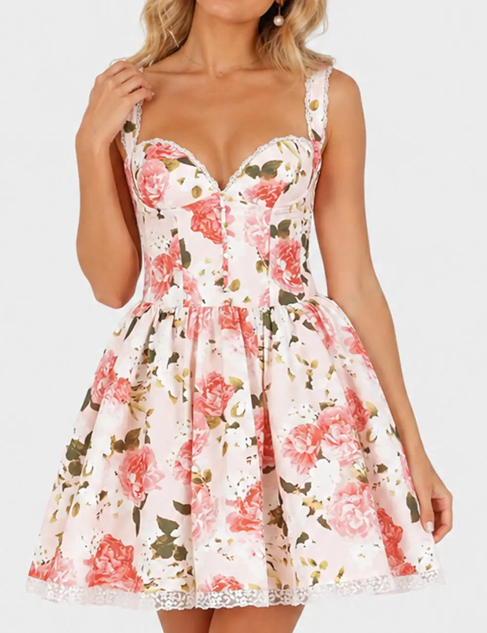Lace Trim Sweetheart Neck Mini Dress