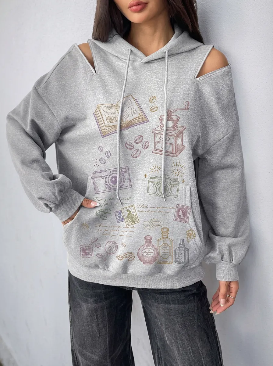 Women's Vintage Hobby Coffee Camera Printed Cold Shoulder Hoodie