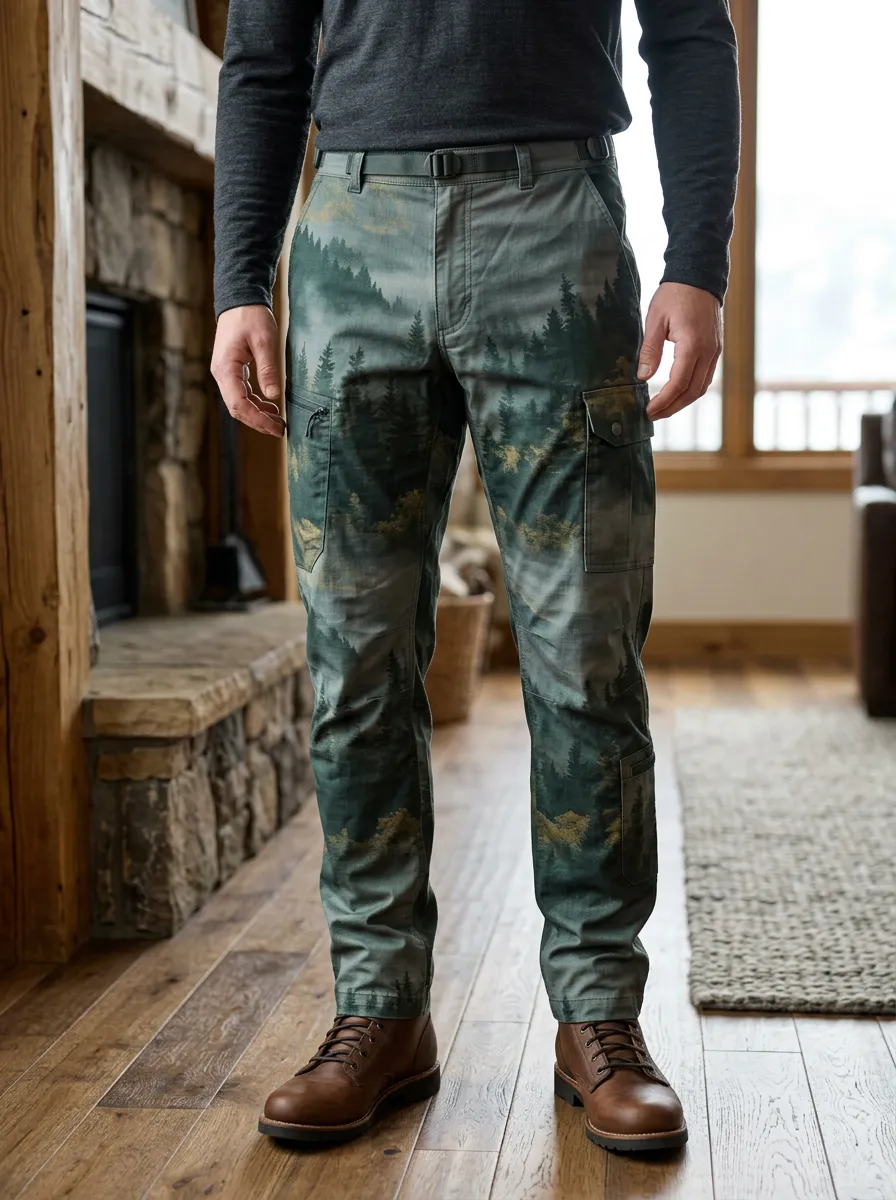 Men's Outdoor Enthusiast Pine Forest Landscape Printed Cargo Pants