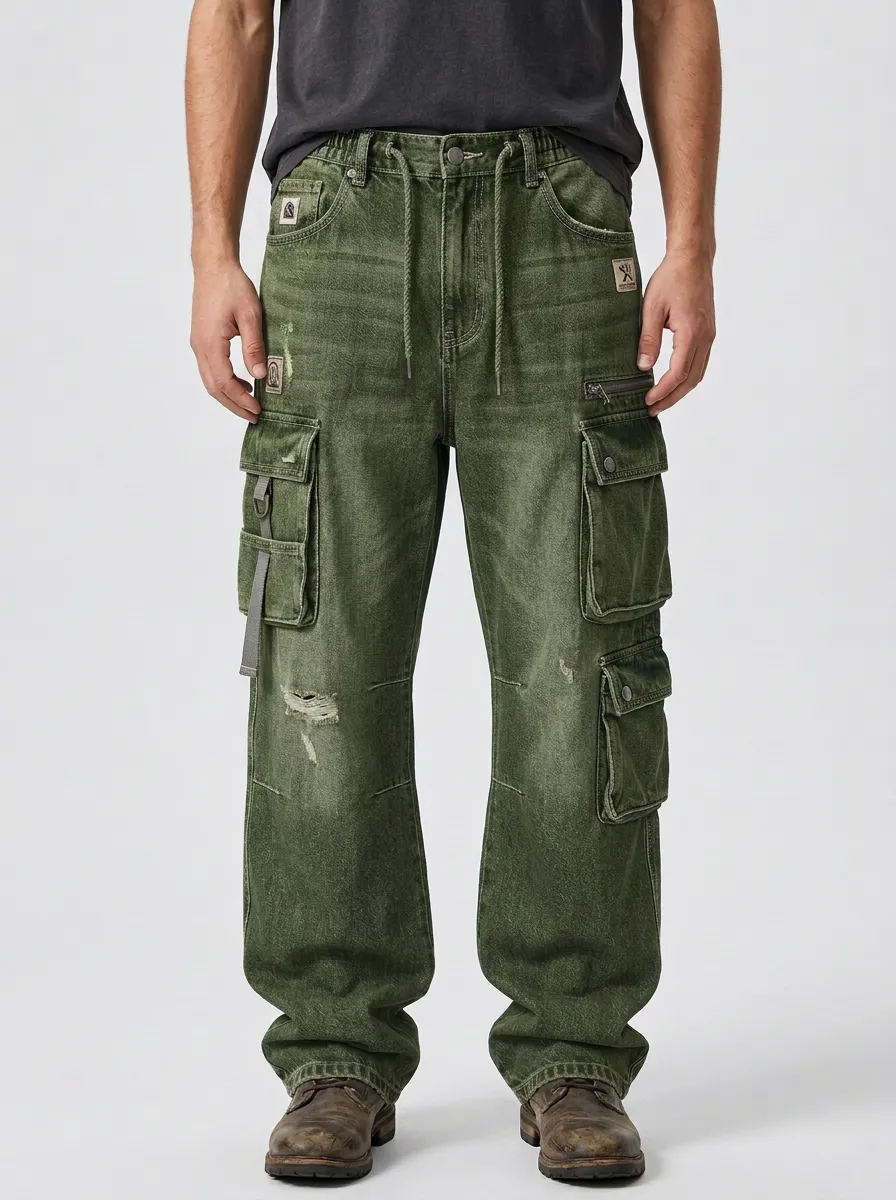 Men's Distressed Denim Multi-Pocket Drawstring Cargo Jeans