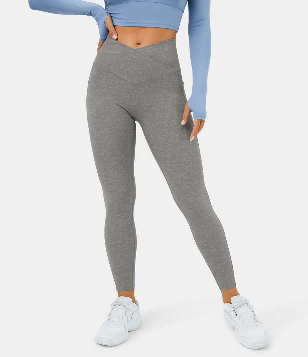 Crossover Side Pocket Stretchy Denim Print Yoga Leggings