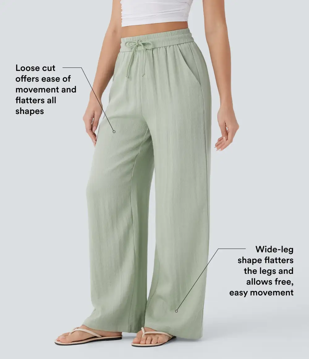 2026🔥 High Waisted Drawstring Pocket Wide Leg Casual Linen-Feel Pants