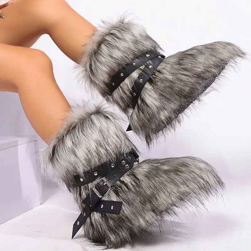 Long Artificial Fur Fuzzy Mid-Calf Snow Boots